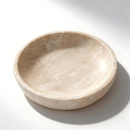 SIRIZEN-Dykning stor dekorativ marmorskål, 20 cm, rund naturlig sten skål för heminredning, frukt, nötter, smyckesbricka, soffbord, mittpunkt, tvålserveringsskål (beige)