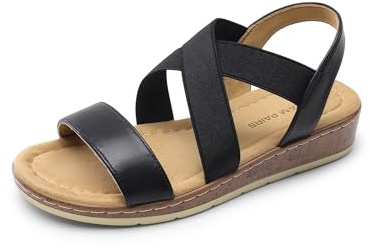 DREAM PAIRS damsandaler med låg kilklack, elegant, för sommaren, bekväma, avslappnade tofflor, platta sandaler för promenader på semestern, Svart pu, 36.5 EU