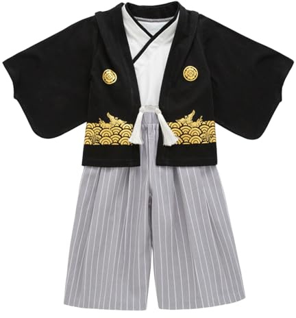 Generisch Costume de baptême 98 - Vêtements traditionnels - Kimono traditionnel - Pour garçon - En tissu noir - Pour enfant