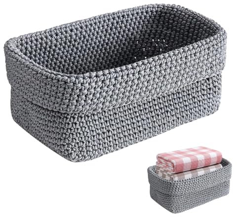 Aufbewahrungskorb Bad Häkelkorb 21x13x15.5cm Grau Korb für Gästehandtücher Körbchen Aufbewahrung Baumwollseil Gewebt Korb, für Küche, Bad, Regale