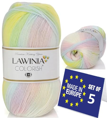 LAWINIA COLORISH Lyxigt regnbågsgarn DK, regnbågsull för stickning, förpackning med 5 vardera 100 g - 350 m 100 % akryl DK stickgarn, flerfärgad ull, ombre garn