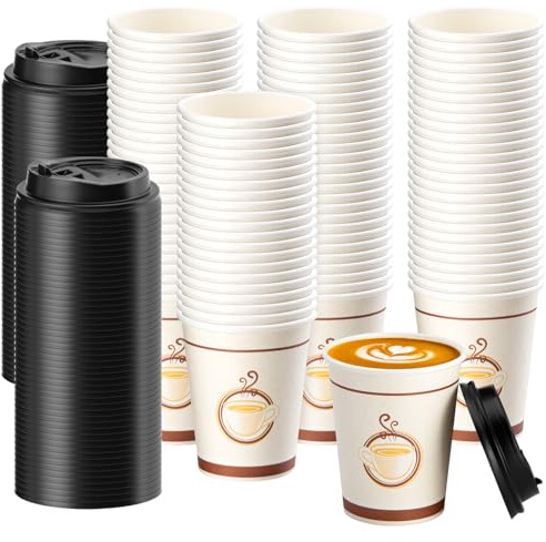 NONMON 100 Pack Paper Coffee Cups, 8oz Disposable Coffee Cups with Lids | Paper Cups Takeaway Cofffee Cups Insulated Ideal for Cold Drinks and Hot Drinks Coffee Tea Home Party, White