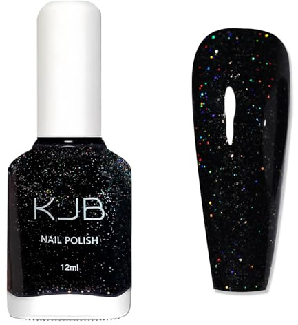 Black Glitter Nail Polish - Shimmer Black Nail Varnish - 60 Seconds Quick Dry nail polish No Bake - Sparkly Nail Polish Holographic Gloss - Iridescent nail varnish Non Chip Long Lasting for Women