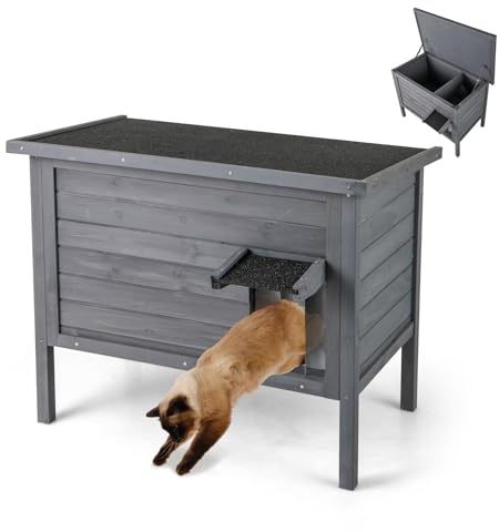 COSTWAY Cuccia Gatto Esterno Inverno 88 x 55 x 71 cm, Grigio | Casetta Gatti Calda in Legno con Isolamento in Schiuma, Tetto Apribile in Asphalt e Porta, Rifugio termica per Gattini