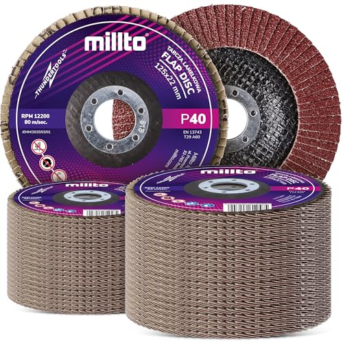 50x Millto Disque À Lamelles 125x22,2 mm Grain 40 T29 pour Métal Bois Décapage Rouille Peinture Saleté Meuleuse Angulaire Disque Abrasif Fibré pour Surfaces
