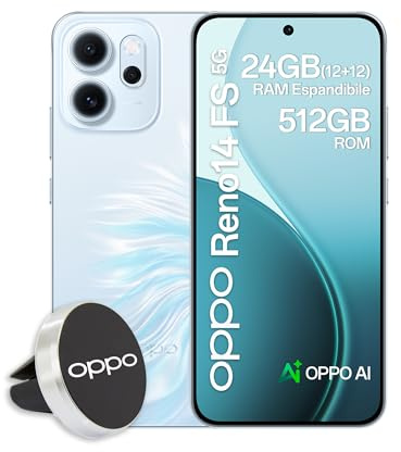 OPPO Reno14 FS 5G AI Smartphone, Tripla fotocamera 50+8+2MP, Selfie 32MP, Display 6.57” 120HZ AMOLED FHD+, 6000mAh, RAM 12GB(Esp4GB/8GB/12GB)+ROM 512GB, Supporto Auto [Versione Italia], Opal Blue