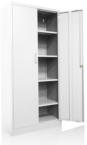 Ondis24 Aktenschrank, Mehrzweckschrank, Schloss, verstellbare Ablagen, Stabil, belastbar, Doppeltüren mit Türmagnet, Griffen Robust und sicher, werkzeugschrank, Büro, Werkstatt, Garage (Weiß 170)