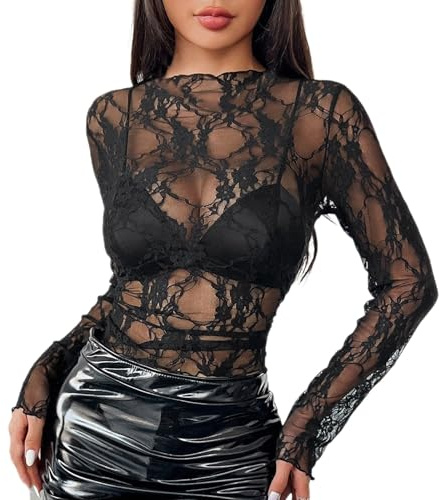 Sexy Tee Shirt en Dentelle Voile Femme à Manches Longues Blouse en Résille Transparent Chemiser Chic et Élégant T-Shirt col à Volants avec Dentelle Florale