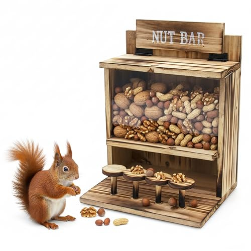 Eichhörnchen Futterstation NUT BAR aus Holz 32 x 24 cm | Futterspender mit Klappdeckel, Garten Deko