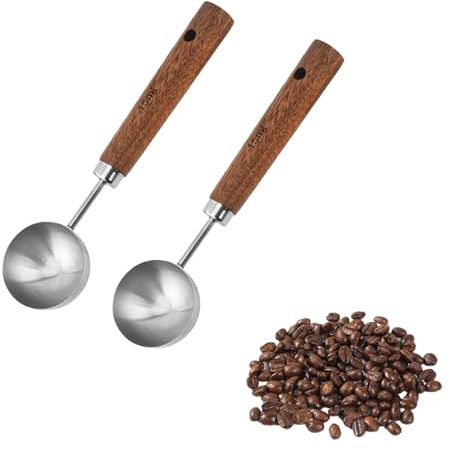NIVRAIN 2 Pièces Doseur Cafe Moulu Avec Manche en Noyer, Cuillère Doseuse Café Vintage en Acier Inoxydable, 15 Ml Cuillère a Café, Adaptée Aux Grains de Café, Au Thé et a La Crème Glacée