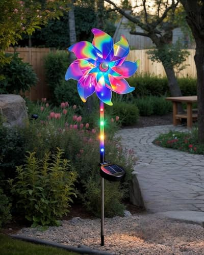 Magical Holographic Rainbow Solar Pinwheel Lights,Waterproof LED Windmill Garden Stake,Kinetic Wind Spinner Color Changing Lights,for Yard Patio Lawn Pathway Decor (1)