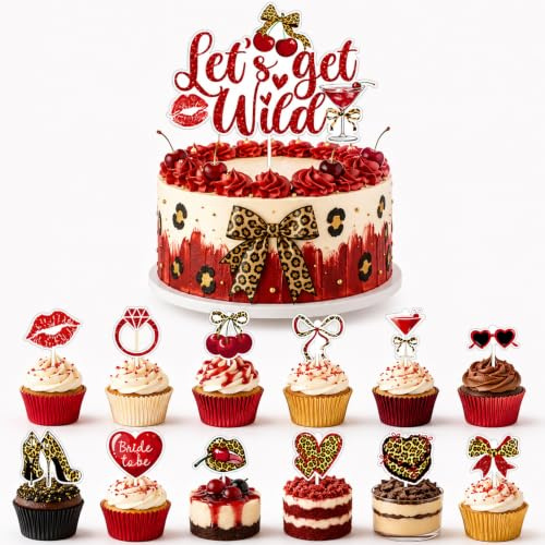 Tourima Let's Get Wild Cake Topper Set, 1 großer Tortenstecker 14,9 x 10,4 cm & 12 Cupcake Topper, Cherry Leopard JGA Deko für Bride to Be, Junggesellinnenabschied, Bachelorette Party & Mädelsabend