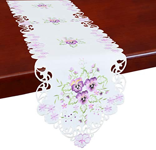Simhomsen Floral Table Runners, Embroidered Purple Pansy Flowers on Cream-White Background (14 × 69 Inch)