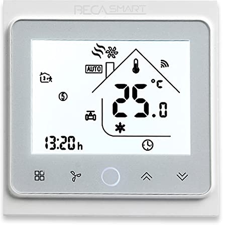 BecaSmart 002 Series WiFi Thermostat pour Quatre tuyaux Ventilo-convecteur climatisation à écran Tactile avec Connexion WiFi pour Assistance vocale Intelligente Alexa Google Home Blanc