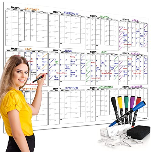 Jumbo torr radering årlig kalender 91 x 12 cm horisontell 12 månaders återanvändbar väggplanerare innehåller 4 markörer 1 radergummi och monteringstejp