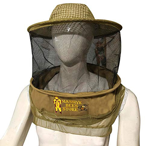Massive Bee Store Three Layer Ventilated Beekeeping Veil in Round (3-Layer Hat, Khaki)