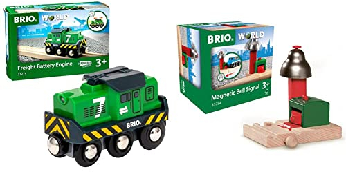 BRIO Bahn 33214 - Batterie-Frachtlok & World 33754 Magnetisches Glockensignal – Eisenbahnzubehör Holzeisenbahn – Kleinkinderspielzeug empfohlen für Kinder ab 3 Jahren