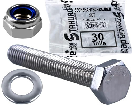 Stahlia 10 Sechskantschrauben 10 Unterlegscheiben & 10 Muttern Set Edelstahl M10 x 150 mm Vollgewinde (30 Teile) DIN 933|125|985 Maschinenschrauben Außensechskant