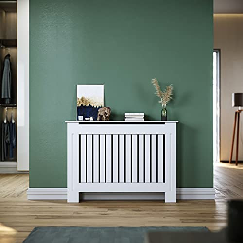 SONNI Copertura per Radiatore 112x19x81.5 cm, Classico e Moderno per Copritermosifone, Copertura Termosifone Grande a Doghe Rigate Laccate Bianche