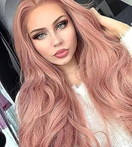 Rosa Lace-Front-Perücken für Frauen lang gewellt Roségold Ros synthetische Haarperücke Perücke 61 cm