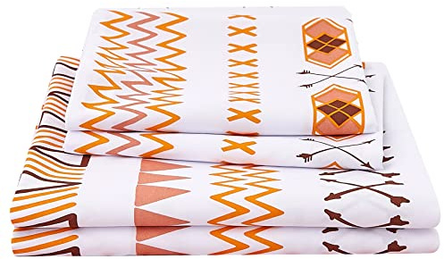 JSD Boho Printed Microfiber Sheet Set Queen Size, 4 Piece Orange Geometric Soft Sheets and Pillowcases Extra Deep Pocket