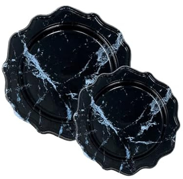 DECORLINE Lot de 48 Assiettes en Plastique Rigide et Réutilisable - 24 Dîner (24cm) et 24 Entrée/Dessert (19cm) - Élégantes pour Mariage, Noël - Motif Marbre Noir
