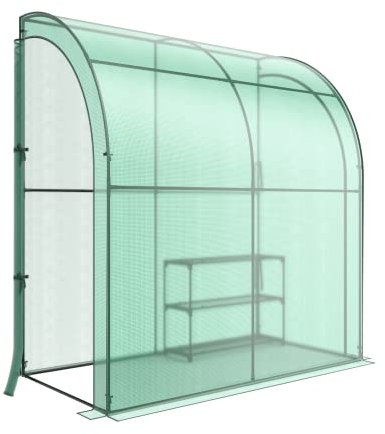 TANGZON Walk-In Lean to Wall Greenhouse, Large Heavy Duty Metal Frame Garden Green House with Zippered Roll-Up Doors & Waterproof PE Cover, Outdoor Windproof Tunnel Growhouse, 200 x 100 x 215cm