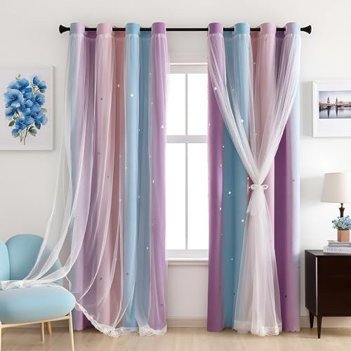 Freyamy Gardinen Lila Blau Weiß Glänzend Sterne Vorhänge Blickdicht Kinderzimmer Halbtransparent H 270 X B 132cm Ösenvorhang 2er Set Mädchen Kindervorhänge Gardinen Verdunkelungsvorhang Wohnzimmer