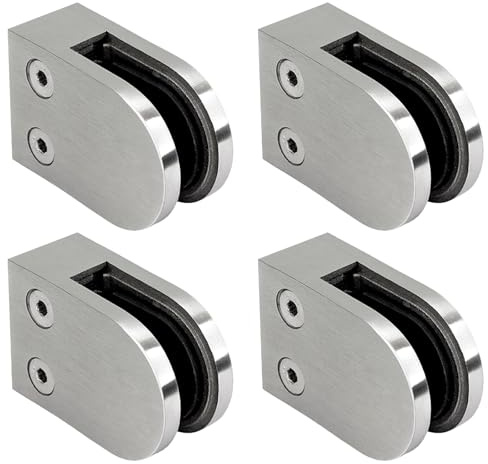 PRIOstahl Glashalter 4 Stück Glasklemmen Klemmhalter Glasplattenhalter 63 x 45 x 30 mm mit Sicherungsstift Anschluss: Flach für Glas 12,76 mm Geländer Balkon aus Edelstahl V2A
