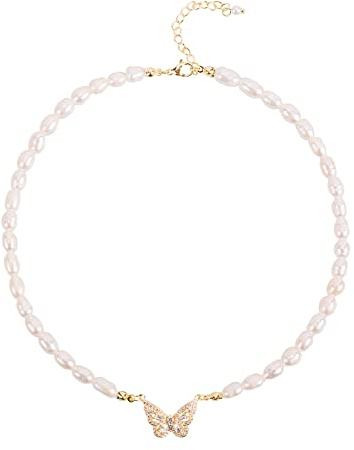 Ouran Süßwasserperlen-Halskette, Perlenkette für Damen, Echte Perlen Choker +Schmetterling-Anhänger mit Moissanit - 6mm Perlen, 36.9cm Kette,Handgefertigt, Schmuck für Frauen, Mutter, Liebhaber