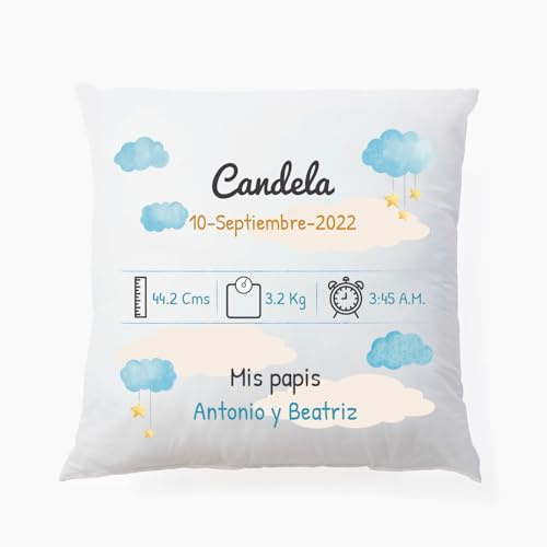 Deliex delicias de Extremadura. Cojín bebé Personalizado con Datos de Nacimiento. Regalos Personalizados Recién Nacidos. Varios tamaños. Relleno Incluido. (25 x 25 cms 2 Caras)