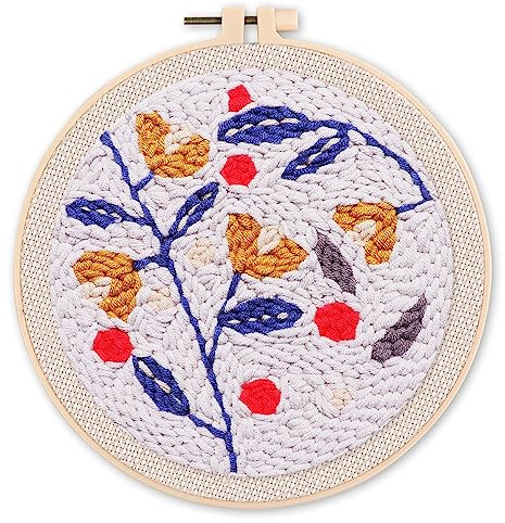 Figured'Art Punch Needle Set für Erwachsene - Stickerei, ideal für Anfänger - Stechpalmen auf blauem Hintergrund - 20x20cm mit rundem Rahmen