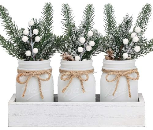 Winter White Mason Jars, White Centerpieces for Home Table Decor, Wood Tray & 3 Decorative Jars, Winter Table Centerpieces Decoration, Farmhouse Dining Table Kitchen Decorations Winter Home Decor