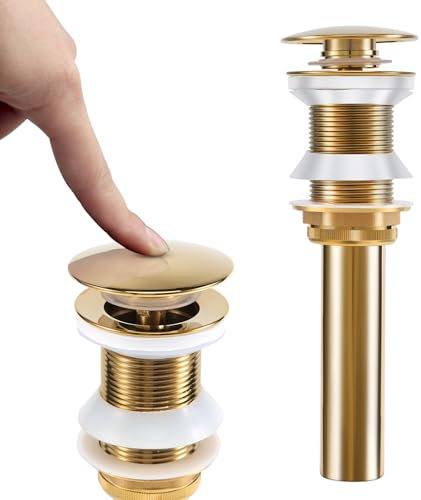 Ksrnsne Bonde D'éVier sans Trop-Plein Salle de Bain Popup Drain Assembly Bouchon Lavabo Laiton Brossé pour Cuisines, Bain, Lavabo, Évier, Or