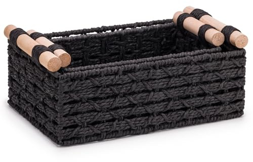 Woodluv Storage Basket for Shelves Set of 2, Hand-Woven Wicker Storage Hamper Basket Organiser with Handle, Black