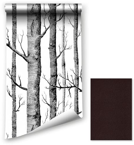 Papier Peint Autocollant à décoller et à Coller, 44.5x400CM Motif forêt de Bouleau, Film Vinyle Amovible, revêtement Mural de Meubles avec Patch de réparation en Cuir pour canapé en Cuir