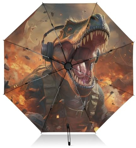 LINNIKEEEE Wütender Gefeuerter Dinosaurier Regenschirm Automatik Auf-Zu UV-Schutz Taschenschirm Klein Leicht Schirme für Jungen Mädchen Reise