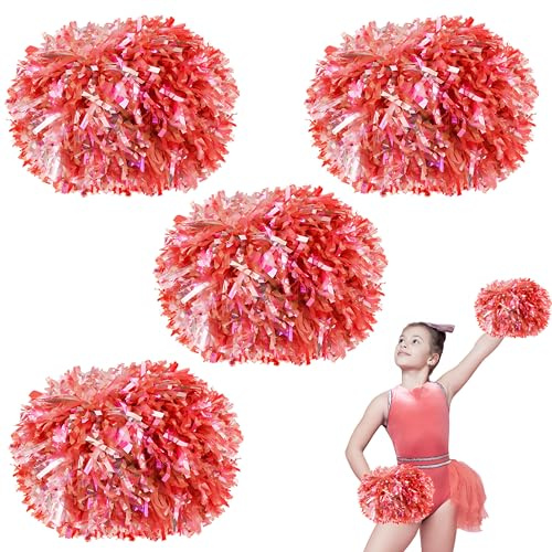 4 Pcs Rainbow Colorful Cheerleading Pom Poms for Kids,HOLENGS 2 Pair Plastic Cheerleader Pom Poms with Baton Handle, Squad Pompoms for Boy Girl Adults School Team Spirit Sports Cheering Game (Red)