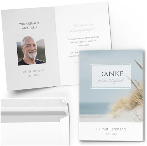 10 Trauer Danksagungen Dankeskarten personalisiert mit Text und Foto | Individuell anpassbare Trauerkarten mit Briefumschlägen | Danke für das Mitgefühl Meer Dünen Strand Seebestattung See Wasser