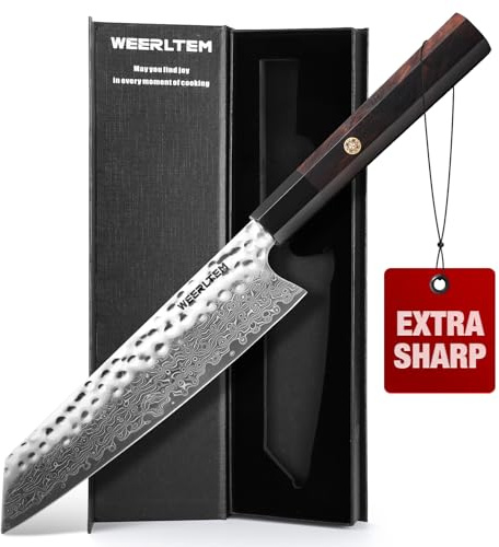 WEERLTEM Kiritsuke Chef Knife 8 Inch, Hand-forged 67-Layer VG10 High Carbon Steel Japanese Damascus Chef Knife, Ultra Sharp Hammered Damascus Chef Knife with Octagonal Ebony Handle & Gift Box