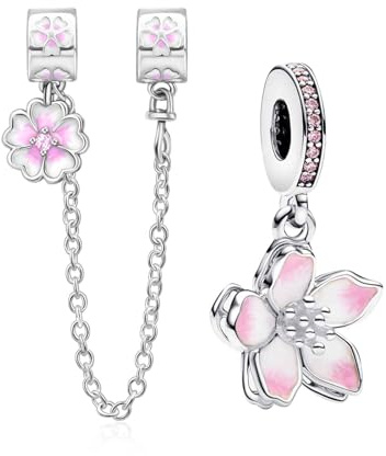 NUNUYAYA Damen Charm Anhänger Armband 925 Sterling Silber Cherry Blossom Dangle Safey Chain Dangle Charms Beads passend Armband Halskette,Anhänger Europäischen Armbänder Frauen Mädchen 2-Stück/Paket