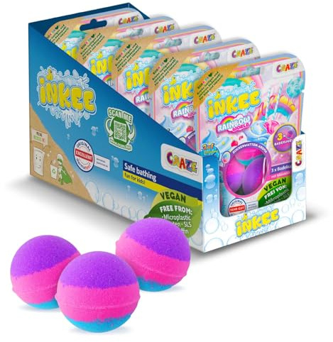 INKEE Pack Colour Rainbow World - confezione da 15 bombe da bagno profumate per bambini con 3 diversi strati colorati (rosa, viola e blu), zucchero filato e aroma di olio di argan