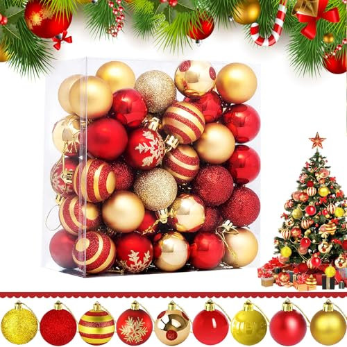 50 Pcs Décoration Sapin de Noel,Boules de Noël en Plastique avec Lanière,Boules de Noël à Suspendre,Décoration de Fête,Mariage (Rouge et doré)