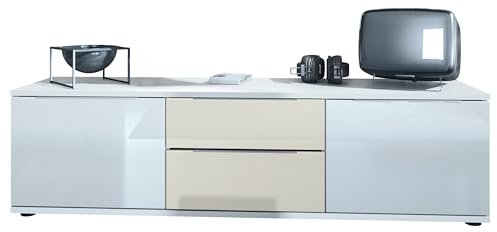 Vladon TV lowboard Linio V1, TV table with 2 doors and 2 drawers - White/cream high gloss (138,5 x 37,5 x 35 cm)