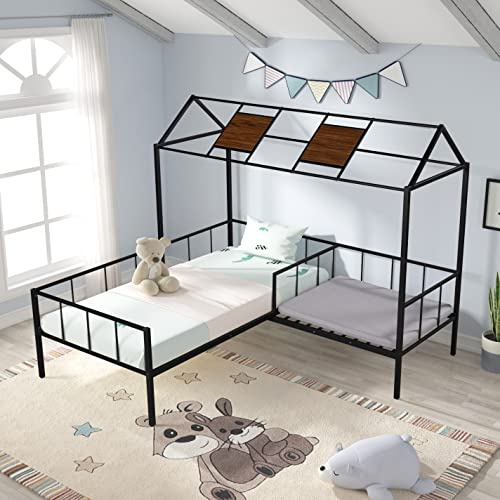 Tiiiopkvvv Twin Size House Shape Metal Playbed with Seating Area, Functional Bed e with Guardrails and Sturdy Slats Support, No Box Spring Needed, 79.53 L x 76.97 W x 64.96 H Black