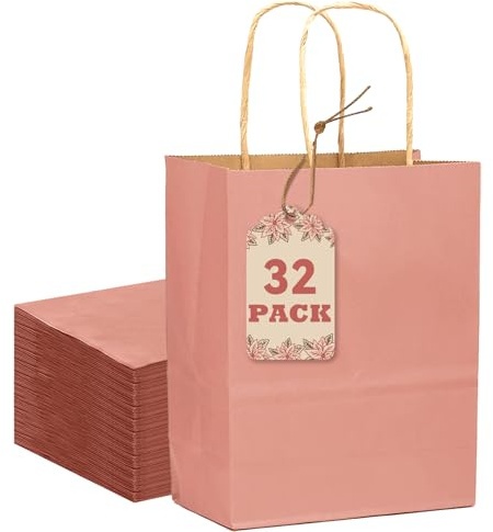 Gcardist Set med 32 påsar i kraftpapper med handtag, 21 x 15 x 8 cm, liten presentpåse, ljusrosa, flera användningsområden (8,3 x 6 x 3 tum, liten storlek)