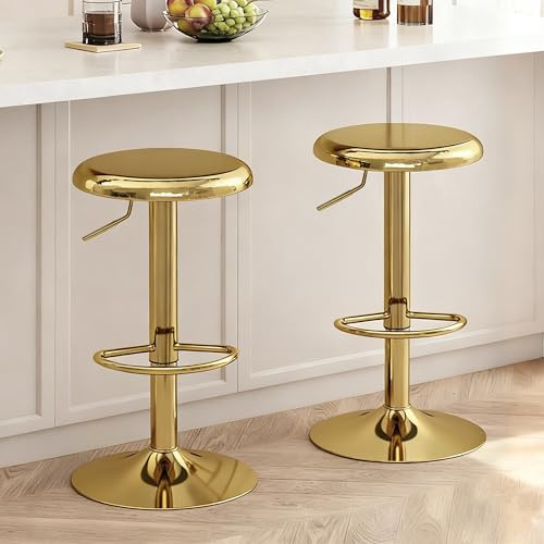 CAROLMADE Bar Stools Set of 2, Adjustable Metal Bar stools Swivel Counter Height Stool, Backless Barstools for Kitchen Island Pub, Gold