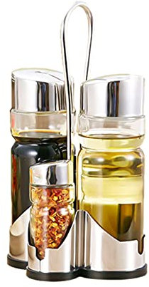 Seasoning Bottle Set, Salt Pepper Shakers Glass Cruet Set with Convenient Caddy Stand, Multi Purpose Salt Pepper Shakers Glass Cruet Set for Kitchen Restaurant Bar