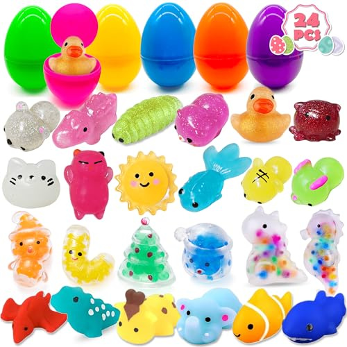 Edmirfun 24 Stück vorgefüllte Ostereier gefüllt mit 24 Leuchtend Mochi Squishy Spielzeug, Mini Mochi Stress Relief Spielzeug für Oster Party, Spiel zur Ostereiersuche, Ostergeschenke für Kinder