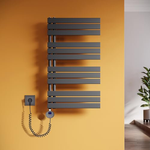 SUNXURY Scaldasalviette elettrico da bagno, 1038 x 600 mm, con termostato, scaldasalviette dritto, con asta riscaldante antracite, 600 W